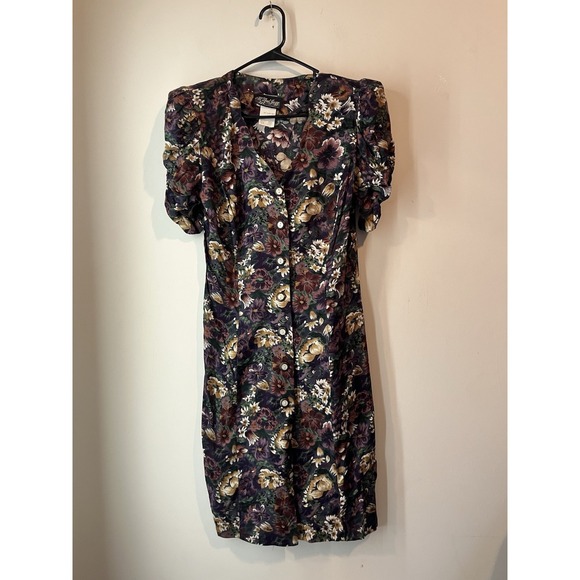 Vintage All That Jazz Scallop V-Neck Floral Button Front Sheath Dress Sz 11/12 - Picture 1 of 6